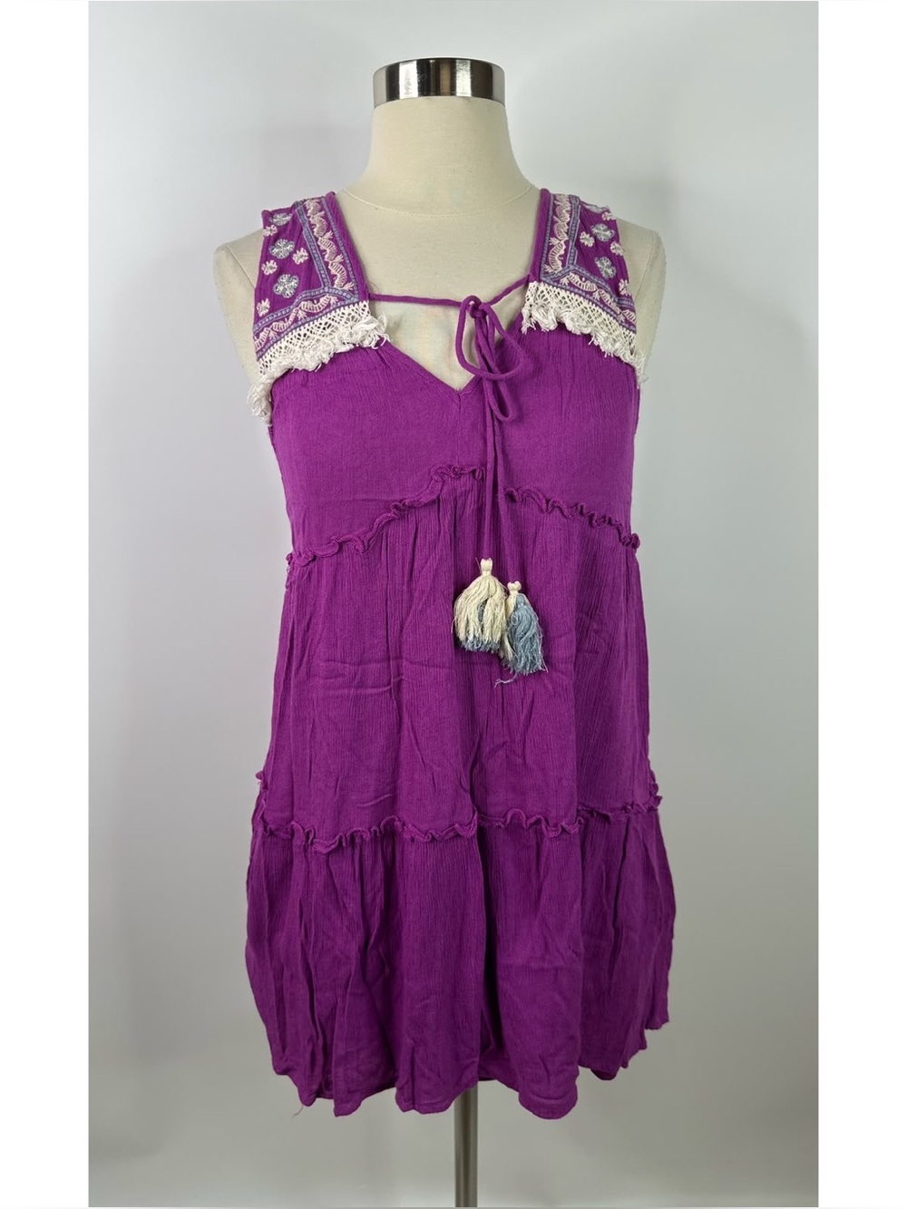 Entro Embroidered Fringed Sleeveless Mini Dress